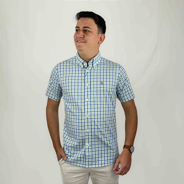 Camisa Social Ralph Lauren Xadrez Manga Curta Multicolor Verde Logo Colorido