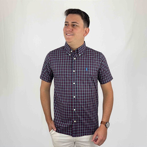 Camisa Ralph Lauren Xadrez Manga Curta Marinho Lista Vermelho Logo Clássico Celeste