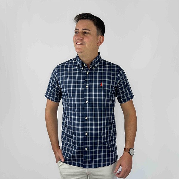 Camisa Ralph Lauren Xadrez Manga Curta Marinho Listra Branco Logo Clássico Vermelho