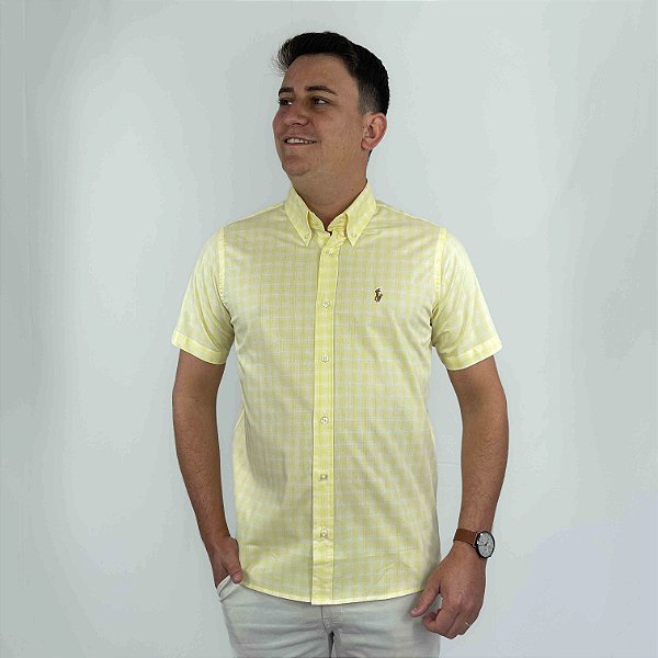 Camisa Social Ralph Lauren Xadrez Manga Curta Amarelo Claro Logo Colorido