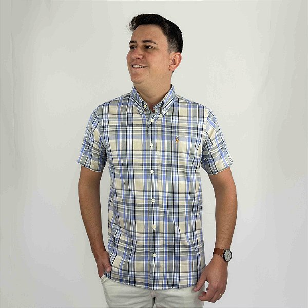 Camisa Social Ralph Lauren Oxford Xadrez Manga Curta Multicolor Bege Logo Colorido