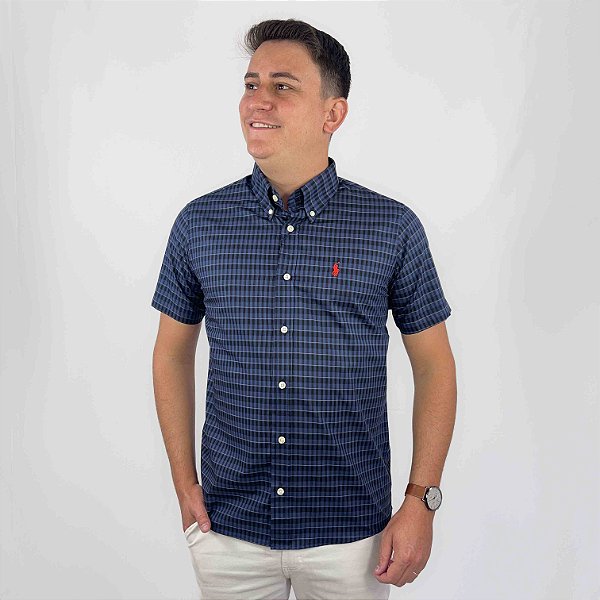 Camisa Social Ralph Lauren Xadrez Manga Curta Marinho Logo Clássico Vermelho