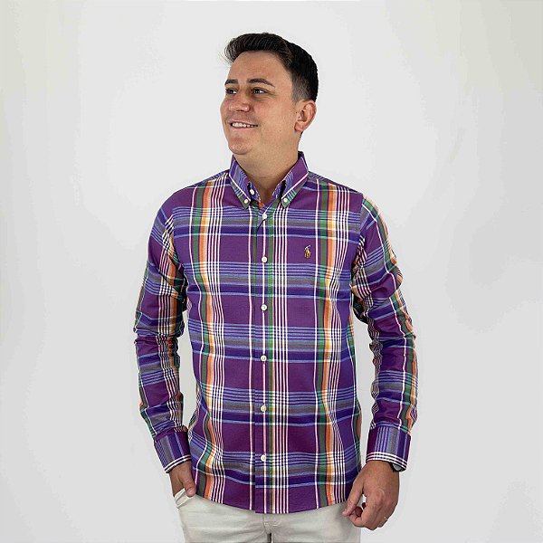 Camisa Social Ralph Lauren Oxford Xadrez Manga Longa Multicolor Roxo Logo Colorido
