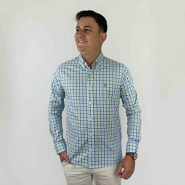 Camisa Social Ralph Lauren Xadrez Manga Longa Multicolor Verde Logo Colorido