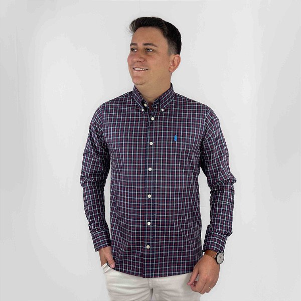 Camisa Ralph Lauren Xadrez Manga Longa Marinho Lista Vermelho Logo Clássico Celeste