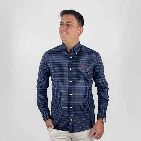Camisa Social Ralph Lauren Xadrez Manga Longa Marinho Logo Clássico Vermelho