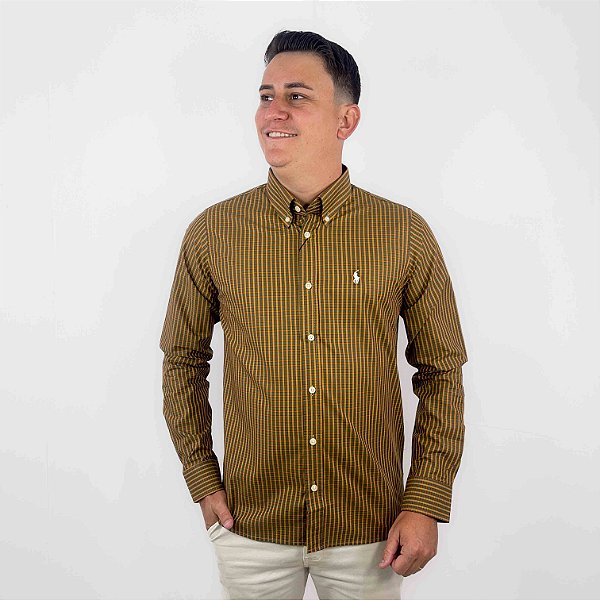 Camisa Ralph Lauren Xadrez Manga Longa Chumbo Lista Laranja Logo Clássico Branco