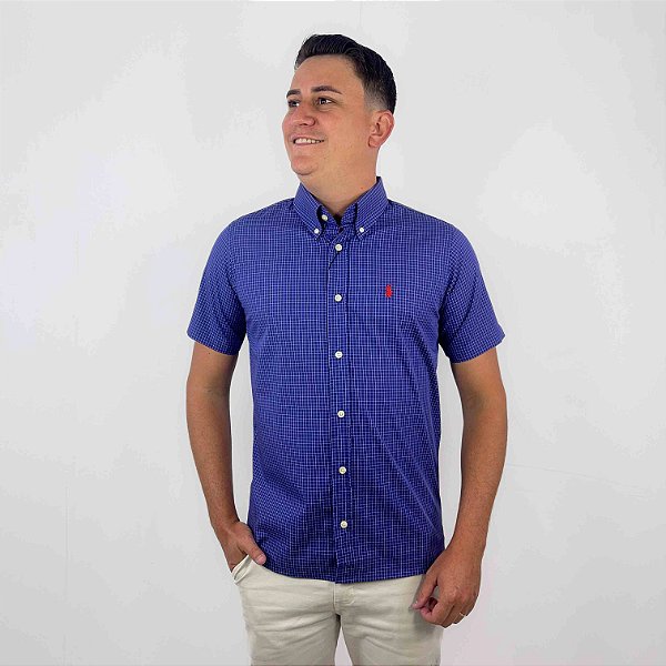 Camisa Ralph Lauren Quadriculada Manga Curta Marinho Logo Clássico Vermelho