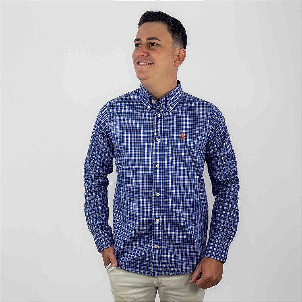 Camisa Ralph Lauren Xadrez Manga Longa Marinho Listra Preto Logo Clássico Laranja