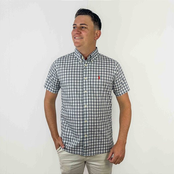 Camisa Ralph Lauren Xadrez Manga Curta Branco Listra Preto Logo Clássico Vermelho