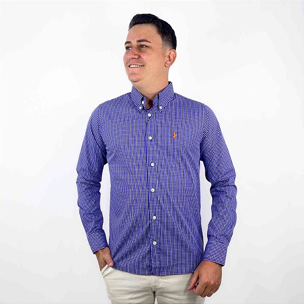 Camisa Ralph Lauren Xadrez Manga Longa Marinho Linha Dupla Logo Clássico Laranja