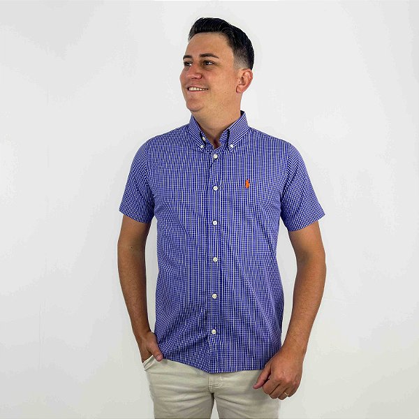 Camisa Ralph Lauren Xadrez Manga Curta Marinho Linha Dupla Logo Clássico Laranja
