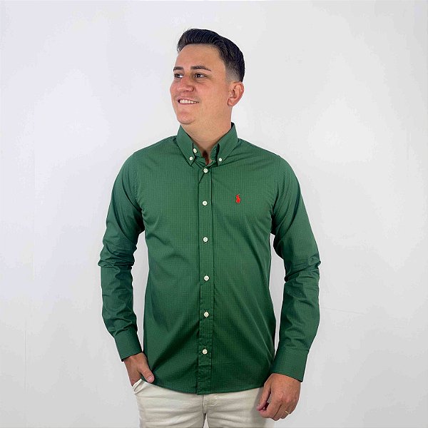 Camisa Ralph Lauren Quadriculada Manga Longa Verde Militar Clássico Vermelho