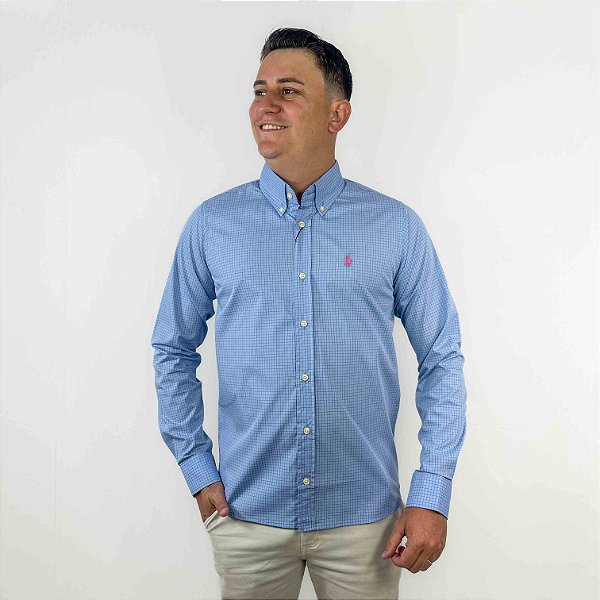 Camisa Ralph Lauren Quadriculada Manga Longa Azul Claro Logo Clássico Rosa Pink