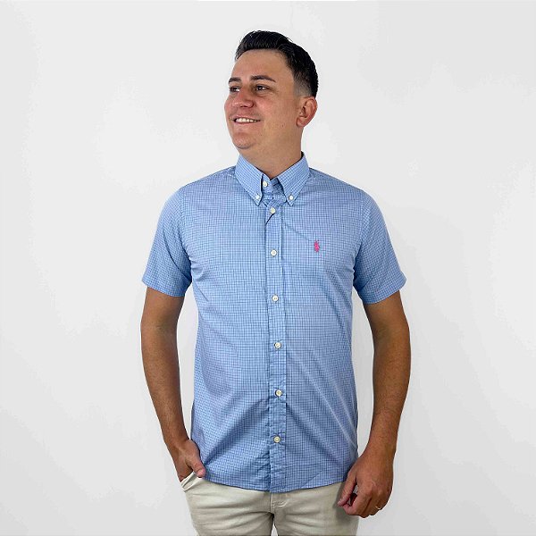 Camisa Ralph Lauren Quadriculada Manga Curta Azul Claro Logo Clássico Rosa Pink