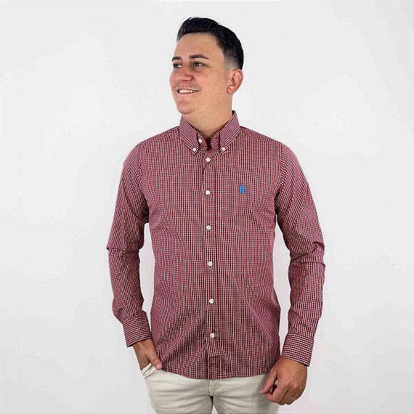 Camisa Ralph Lauren Quadriculada Manga Longa Vermelho Logo Clássico Celeste