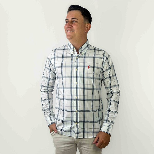 Camisa Ralph Lauren Xadrez Manga Longa Branco Listra Preto Logo Clássico Vermelho