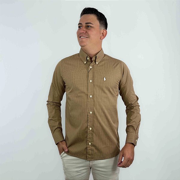 Camisa Ralph Lauren Quadriculada Manga Longa Caqui Logo Clássico Branco
