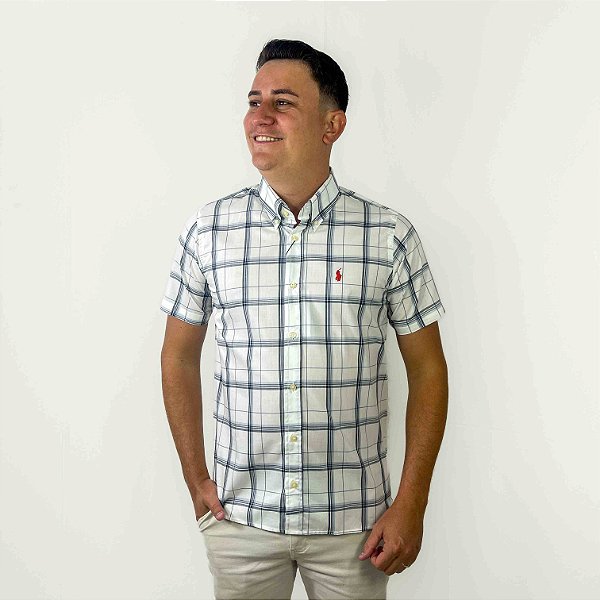 Camisa Ralph Lauren Xadrez Manga Curta Branco Logo Clássico Vermelho