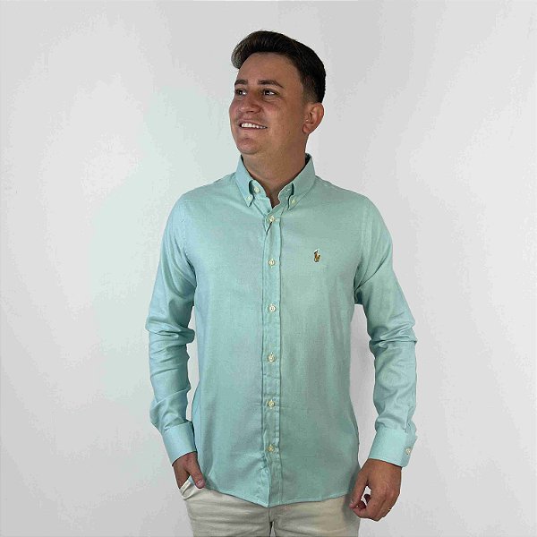 Camisa Ralph Lauren Manga Longa Linha Oxford Verde Claro Logo Colorido
