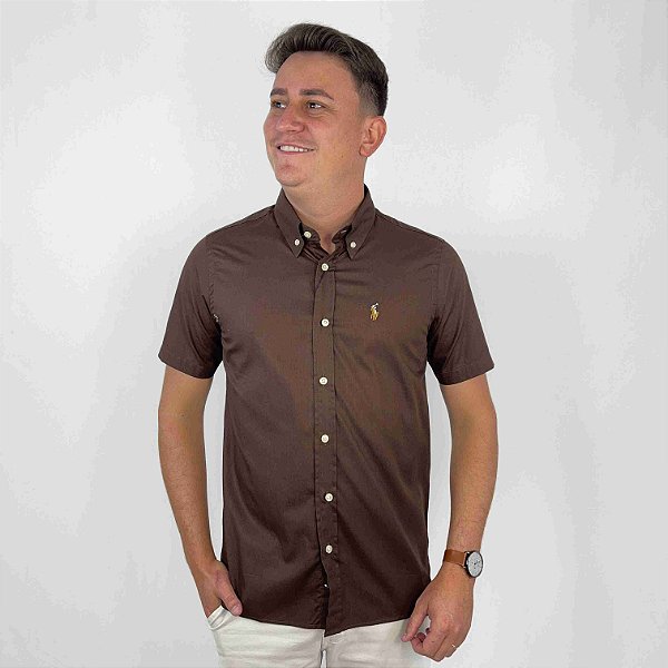 Camisa Ralph Lauren Manga Curta Tricoline Lisa Marrom Logo Colorido