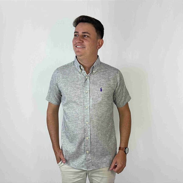 Camisa Ralph Lauren Manga Curta Linho Cinza Claro Logo Clássico Roxo