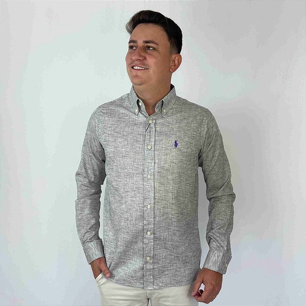 Camisa Ralph Lauren Manga Longa Linho Cinza Claro Logo Clássico Roxo