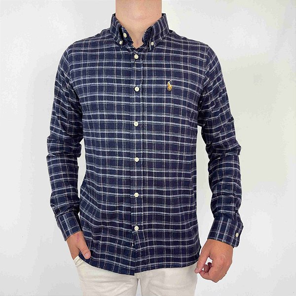 Camisa Ralph Lauren Manga Longa Flanela Xadrez Marinho Logo Colorido