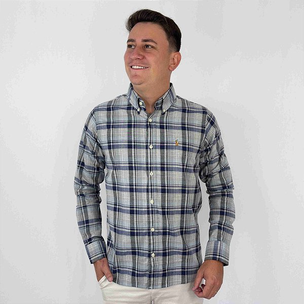 Camisa Social Ralph Lauren Xadrez Manga Longa Multicolor Marinho Logo Colorido