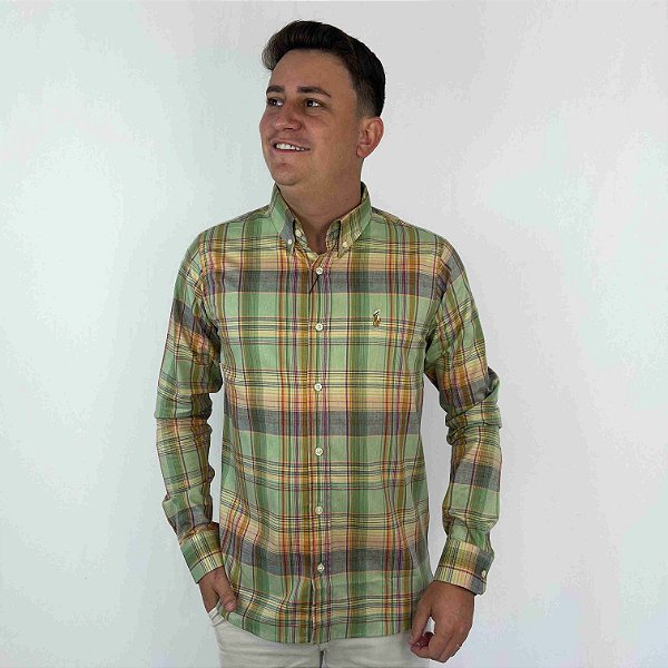 Camisa Social Ralph Lauren Oxford Xadrez Manga Longa Multicolor Verde Logo Colorido