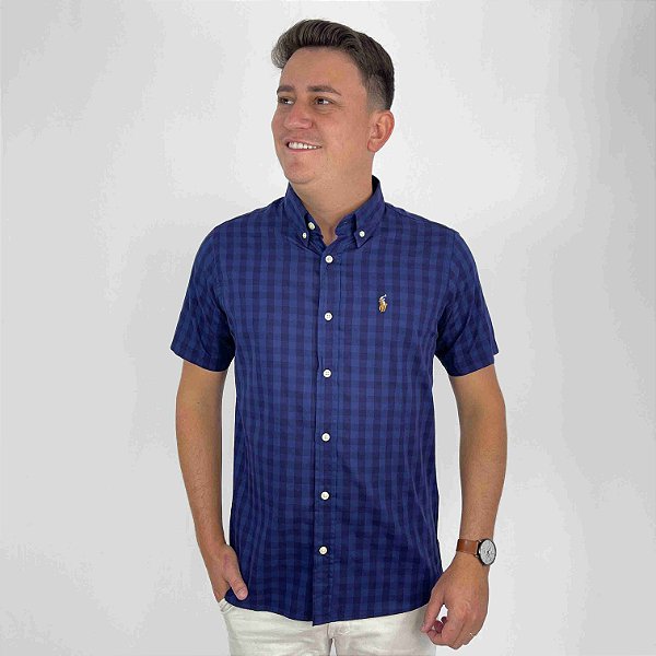 Camisa Ralph Lauren Manga Curta Xadrez Marinho Logo Colorido