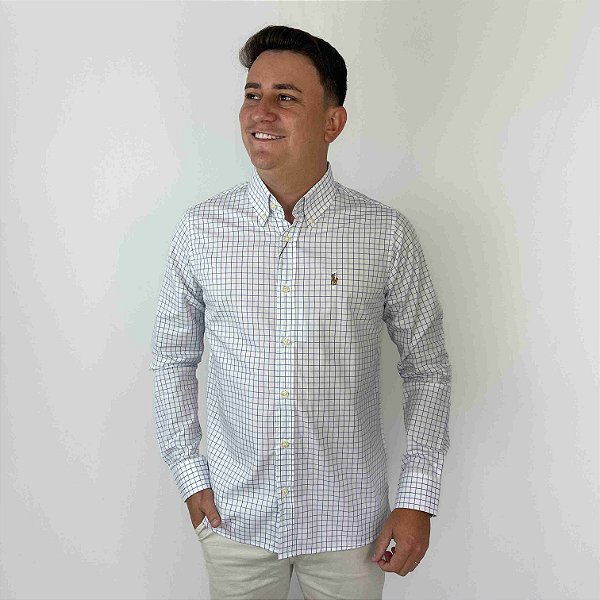 Camisa Ralph Lauren Quadriculada Manga Longa Branco Linha Azul Logo Colorido