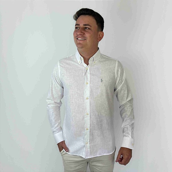 Camisa Ralph Lauren Manga Longa Linho Branco Logo Clássico Cinza
