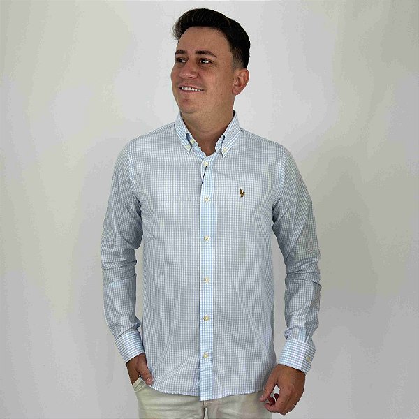 Camisa Ralph Lauren Manga Longa Xadrez Azul Claro Logo Colorido