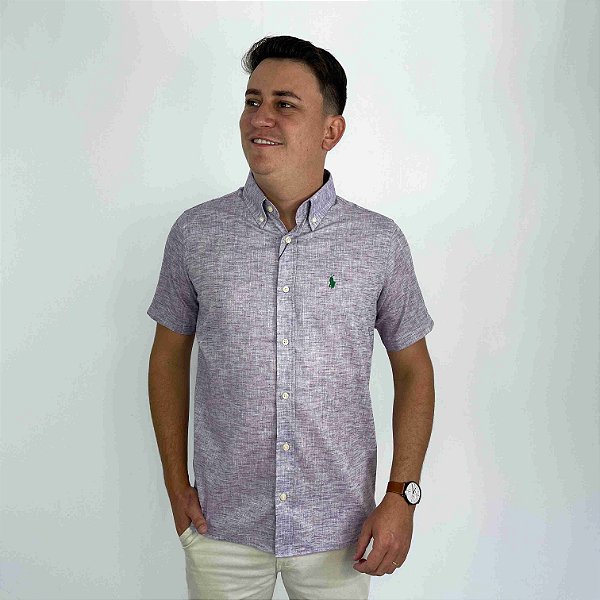 Camisa Ralph Lauren Manga Curta Linho Lilás Logo Clássico Verde
