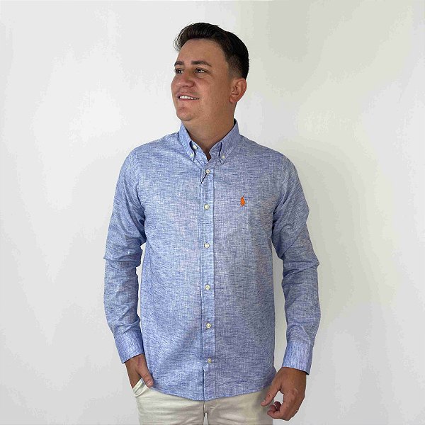 Camisa Ralph Lauren Manga Longa Linho Azul Royal Logo Clássico Laranja