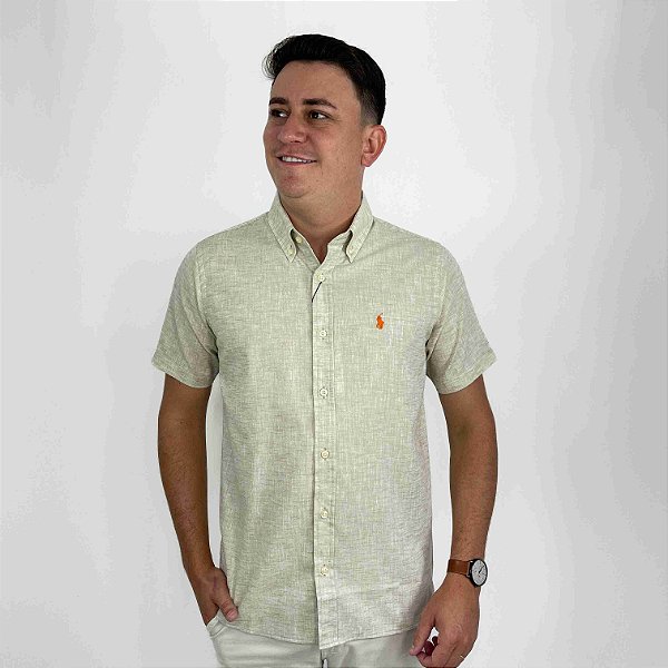 Camisa Ralph Lauren Manga Curta Linho Bege Logo Clássico Laranja