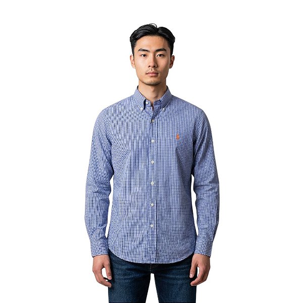 Camisa Ralph Lauren Xadrez Manga Longa Azul Listra Preto Logo Laranja