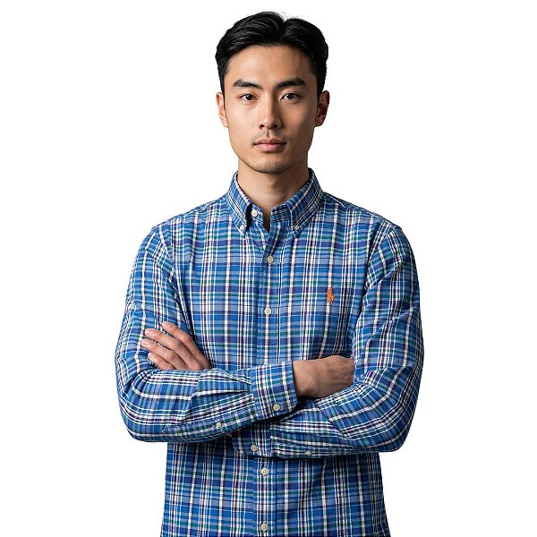 Camisa Ralph Lauren Manga Longa Oxford Xadrez Azul Royal Logo Laranja