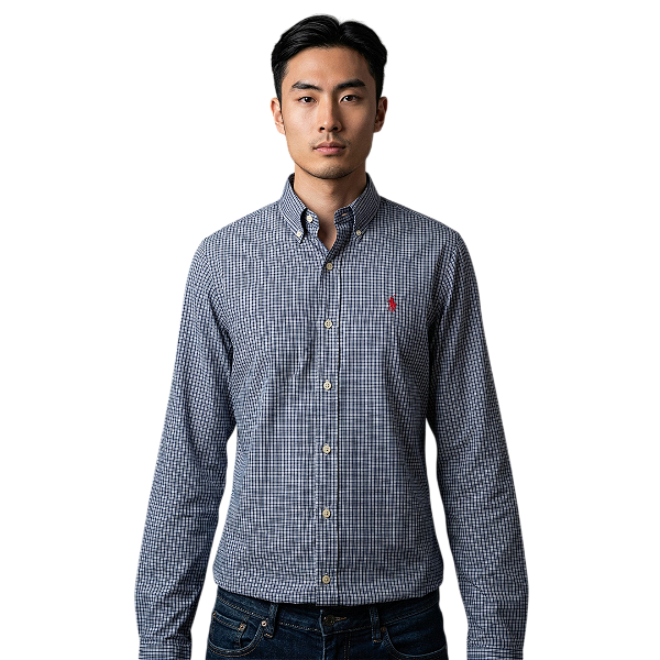 Camisa Ralph Lauren Quadriculada Manga Longa Verde Militar Logo Vermelho