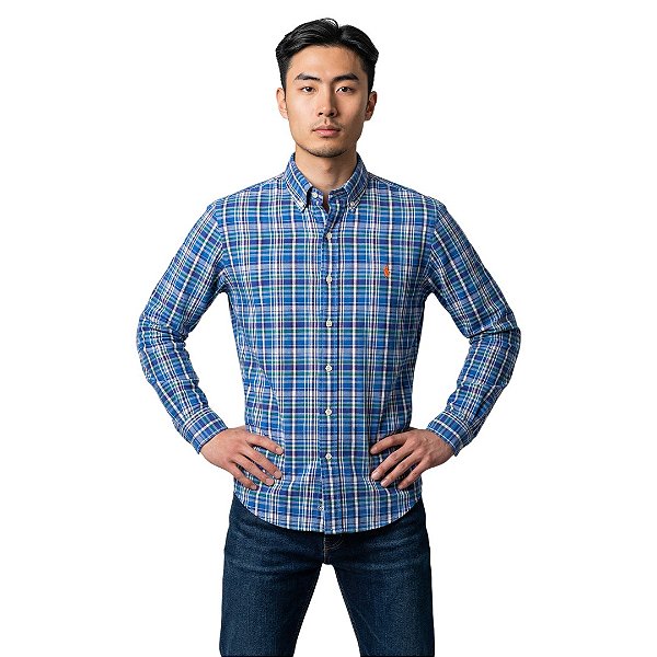 Camisa Ralph Lauren Manga Longa Oxford Xadrez Azul Claro Multicolor Logo Laranja