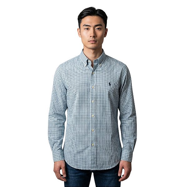 Camisa Ralph Lauren Quadriculada Manga Longa Azul Claro Logo Marinho