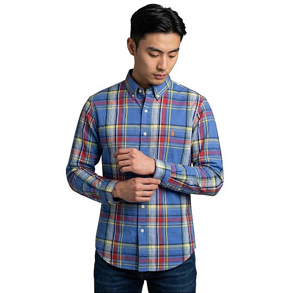 Camisa Ralph Lauren Manga Longa Oxford Xadrez Azul Multicolor Logo Laranja