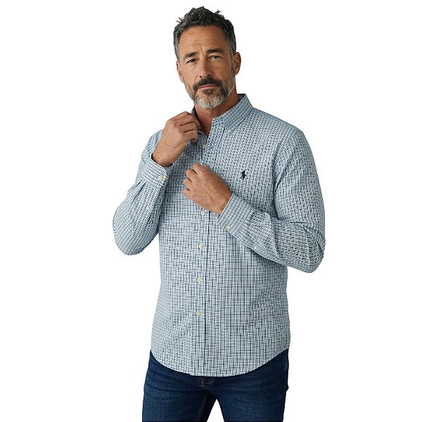 Camisa Ralph Lauren Quadriculada Manga Longa Azul Claro Listra Preto Logo Marinho