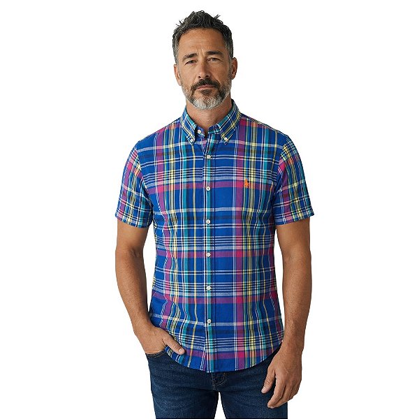 Camisa Ralph Lauren Manga Curta Oxford Xadrez Azul Royal Multicolor Classico Laranja