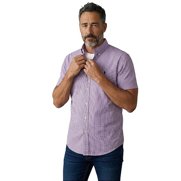 Camisa Ralph Lauren Quadriculada Manga Curta Lilás Linha Azul Logo Clássico Marinho
