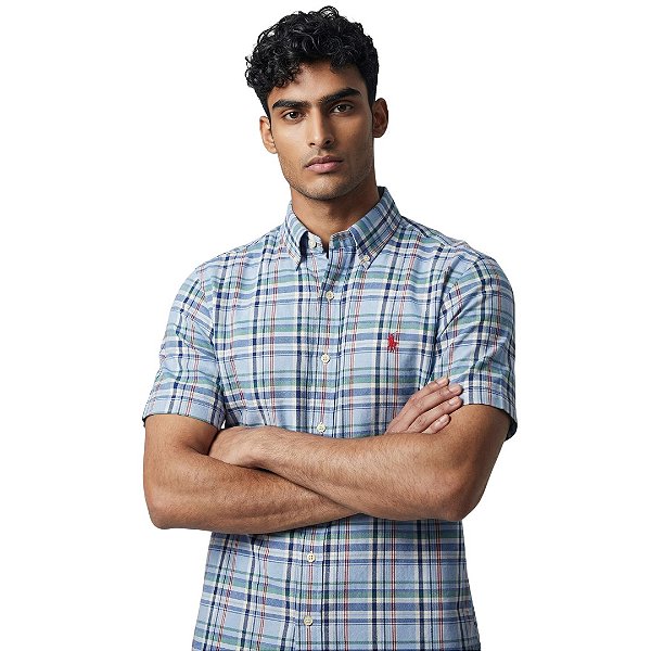 Camisa Ralph Lauren Manga Curta Oxford Xadrez Azul Claro Multicolor Classico Vermelho