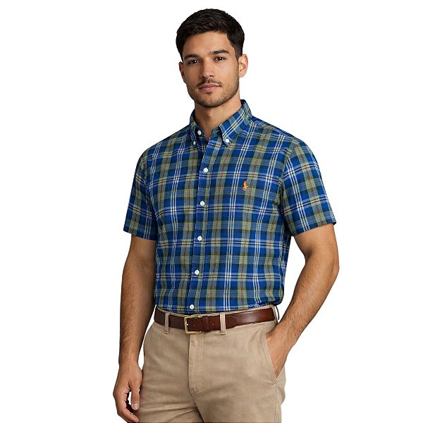 Camisa Ralph Lauren Manga Curta Oxford Xadrez Verde Militar Multicolor Classico Laranja