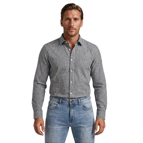 Camisa Tommy Hilfiger Manga Longa Xadrez Preto Logo Clássico