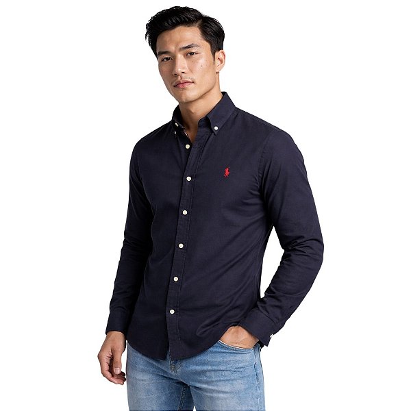Camisa Ralph Lauren Manga Longa Linha Oxford Preto Logo Clássico Vermelho